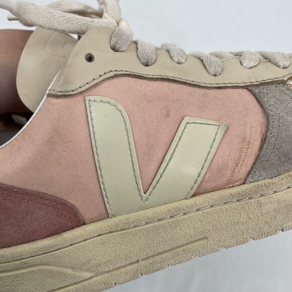 Veja V-10 Multico Nude Colorblock Sneakers Suede Leather Pink Blue Cream Size 8 - Picture 10 of 16